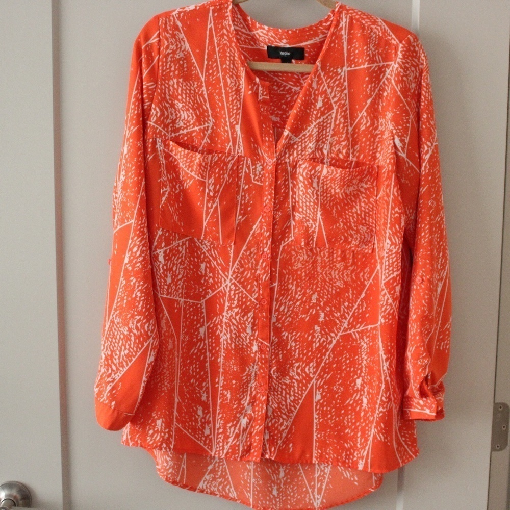 Mossimo Orange and White Printed Long Sleeve Blouse Size Large